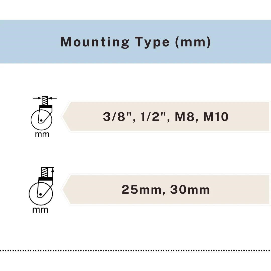 Threaded stem mounting types chart for caster wheels including 3/8 inch, 1/2 inch, M8, M10, 25mm, and 30mm, UP&UP Casters