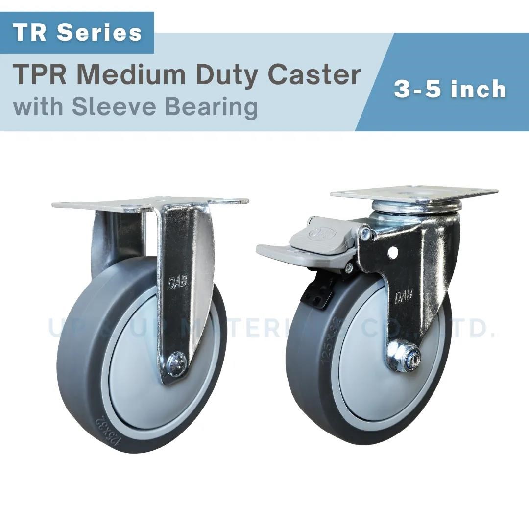 Gray TPR caster wheels with top plate and brake, 3-5 inch, sleeve bearing, UP&UP Casters