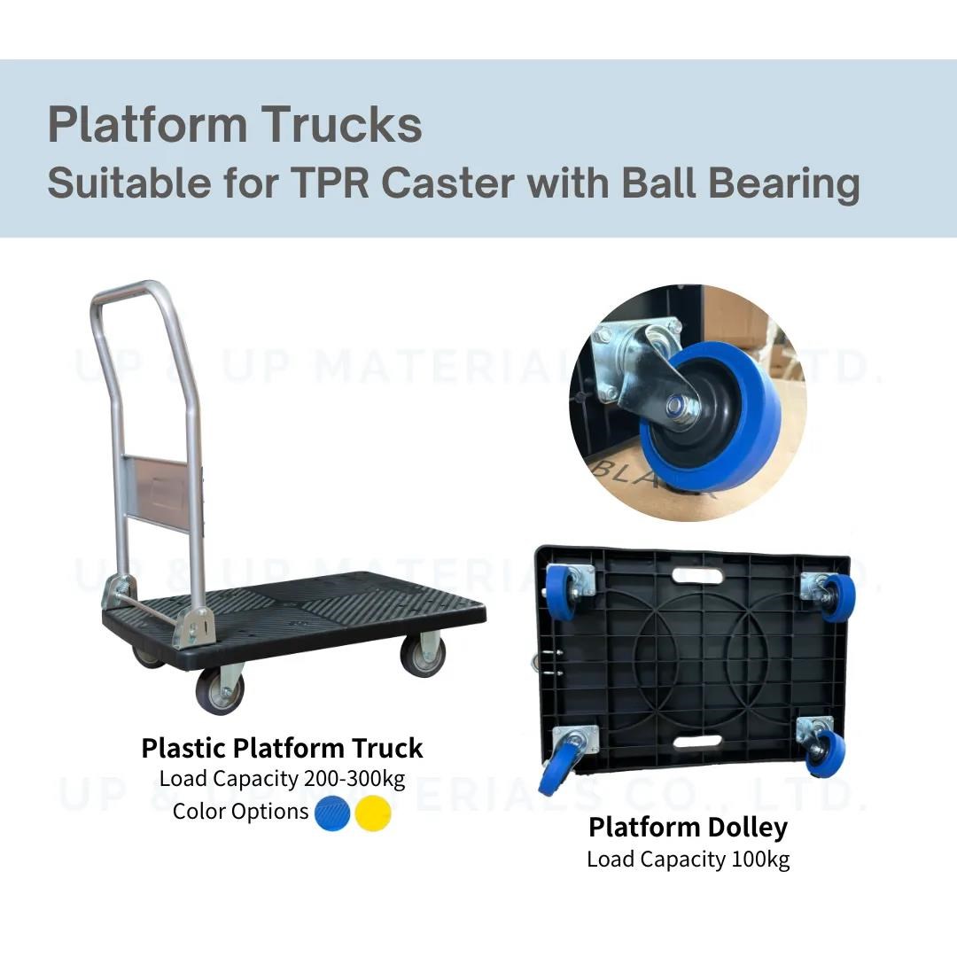 Blue TPR caster mounted on black plastic platform truck, load 200-300kg, UP&UP Casters