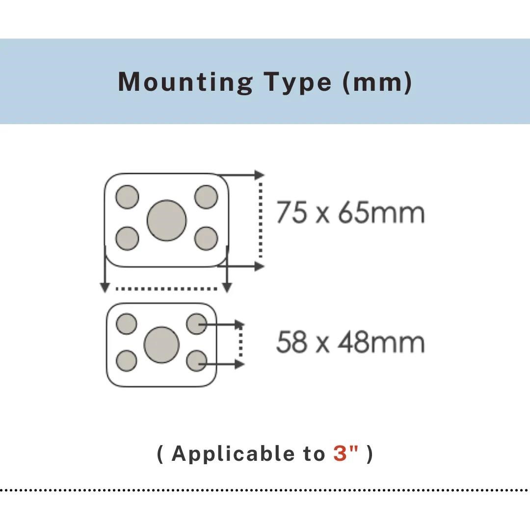 Mounting plate diagram showing 75x65mm and 58x48mm hole spacing for 3 inch, UP&UP Casters