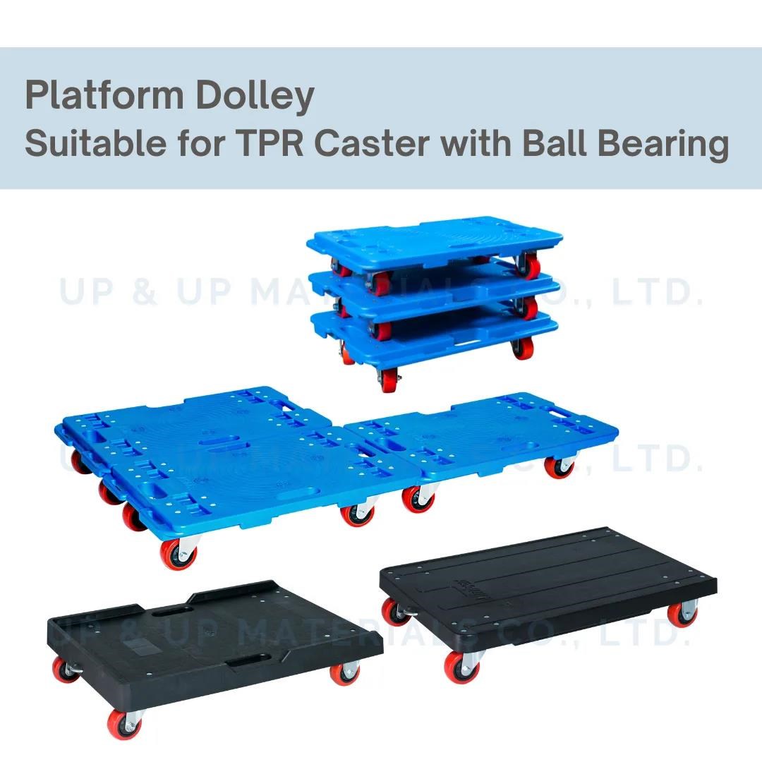 Blue and red TPR casters on stacked plastic platform dollies, UP&UP Casters