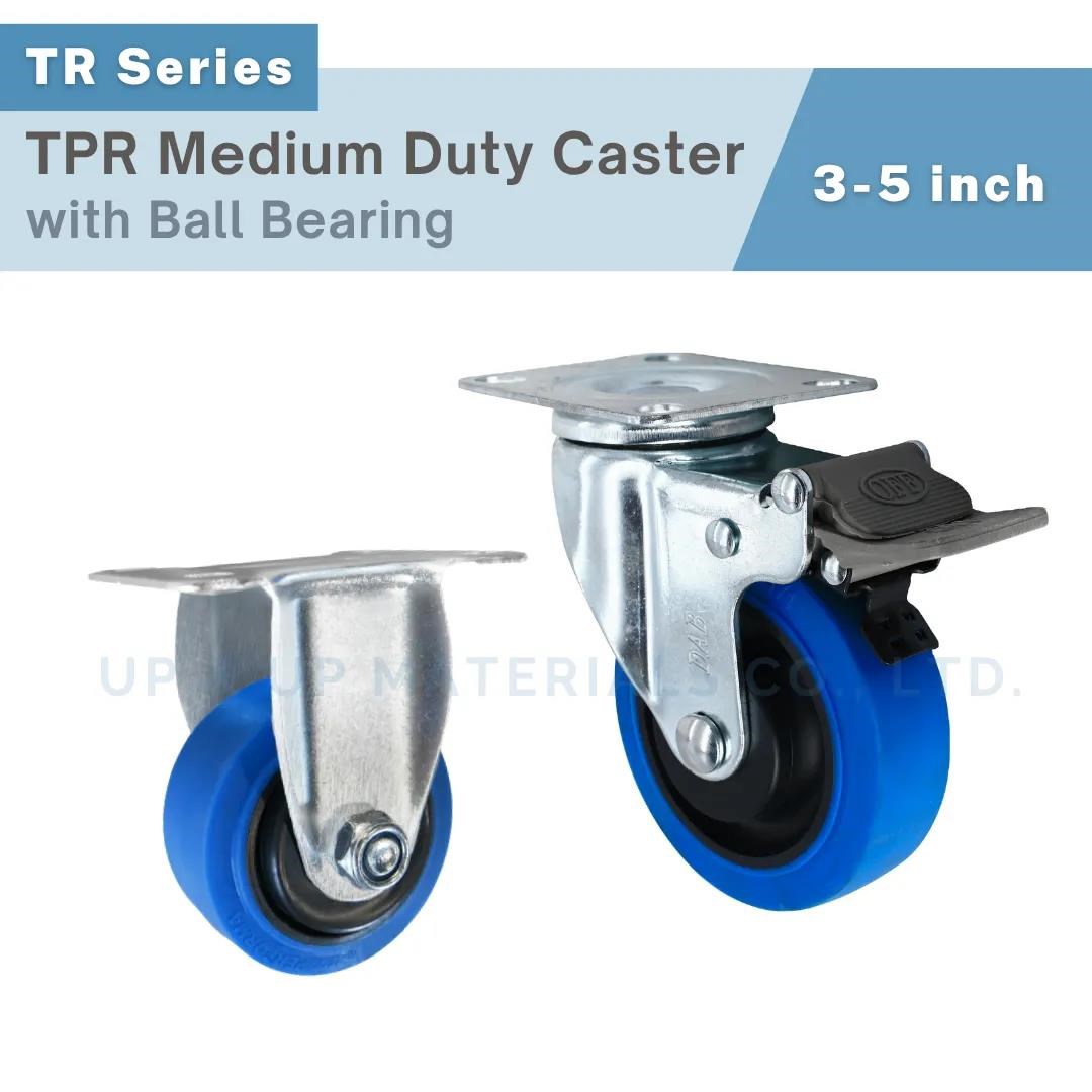 Blue TPR medium duty caster with ball bearing and brake, 3-5 inch, UP&UP Casters