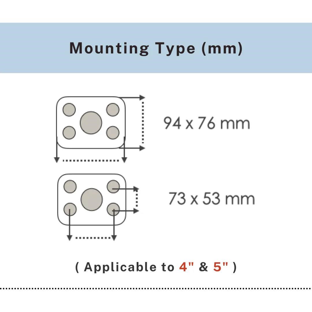 Mounting plate diagram showing 94x76mm and 73x53mm hole spacing for 4 and 5 inch, UP&UP Casters