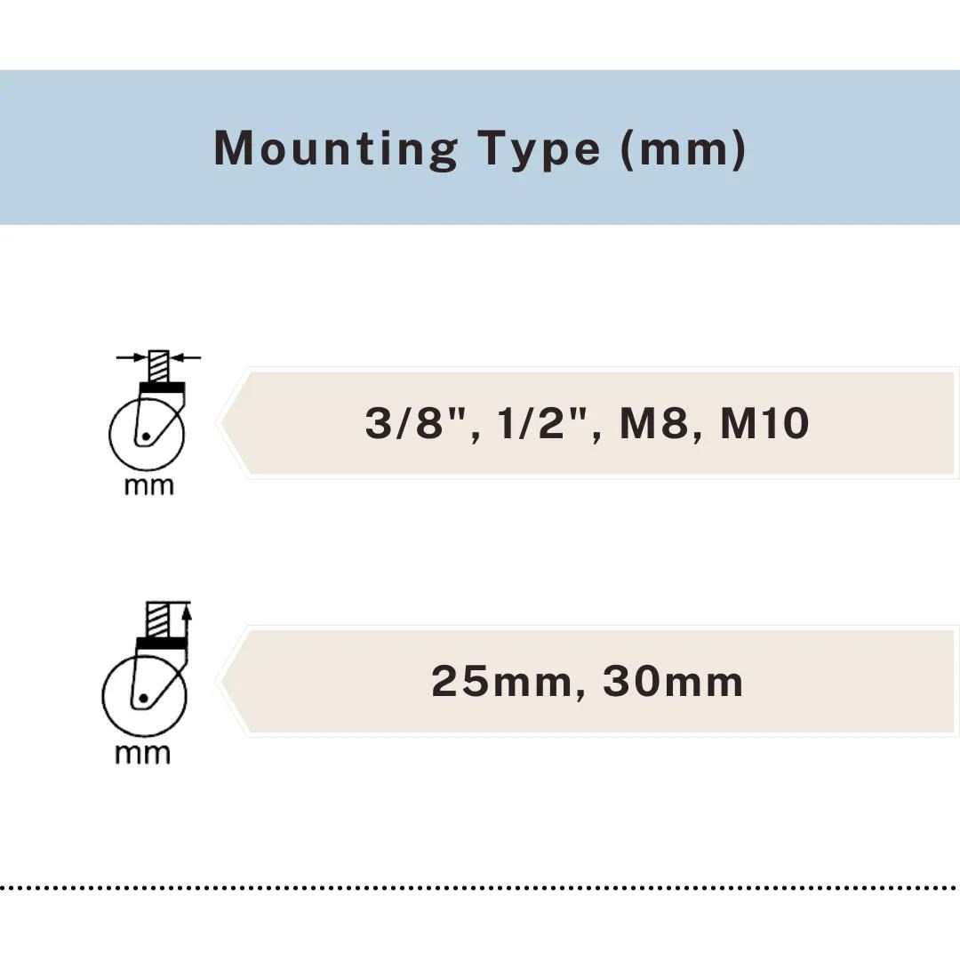 Threaded stem mounting type options 3/8", 1/2", M8, M10, 25mm, 30mm, UP&UP Casters