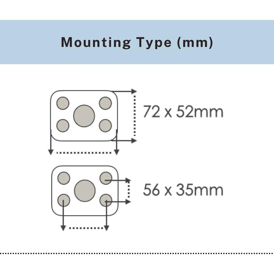 Mounting plate diagram with hole spacing 72x52mm and 56x35mm, UP&UP Casters