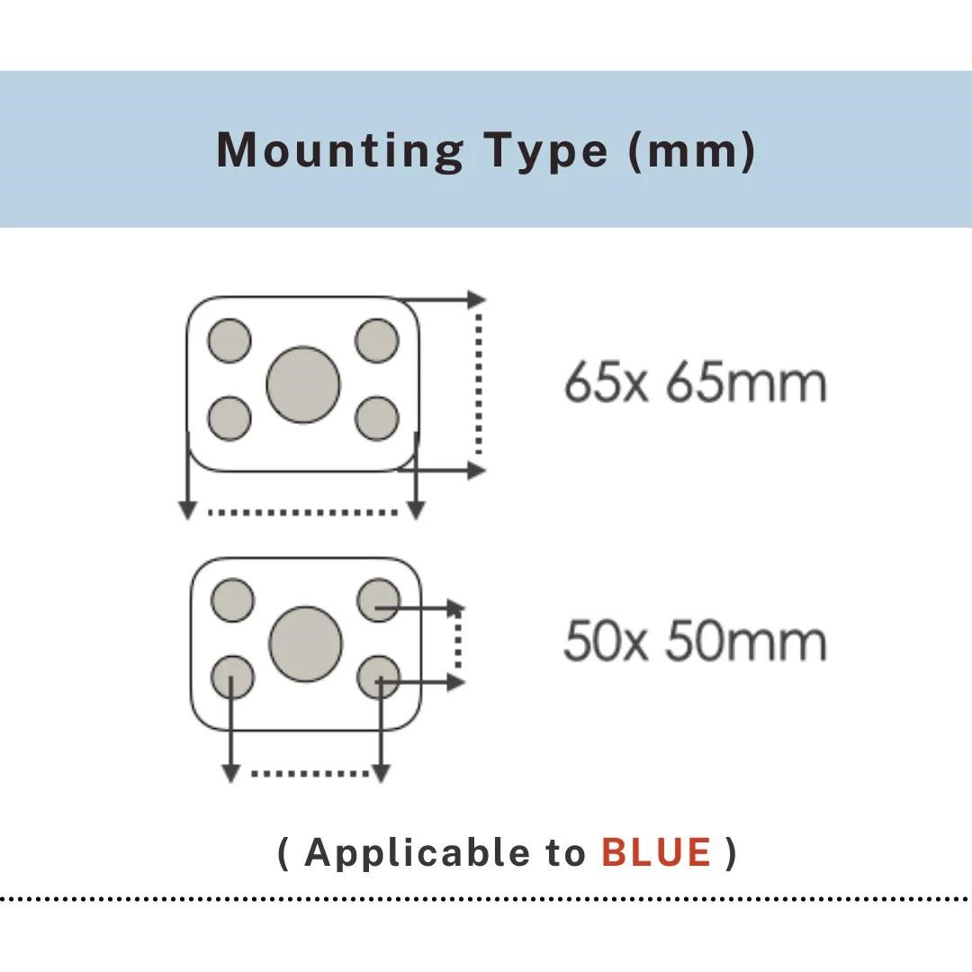 Mounting plate dimensions 65x65mm and 50x50mm for blue PVC twin wheel caster, UP&UP Casters