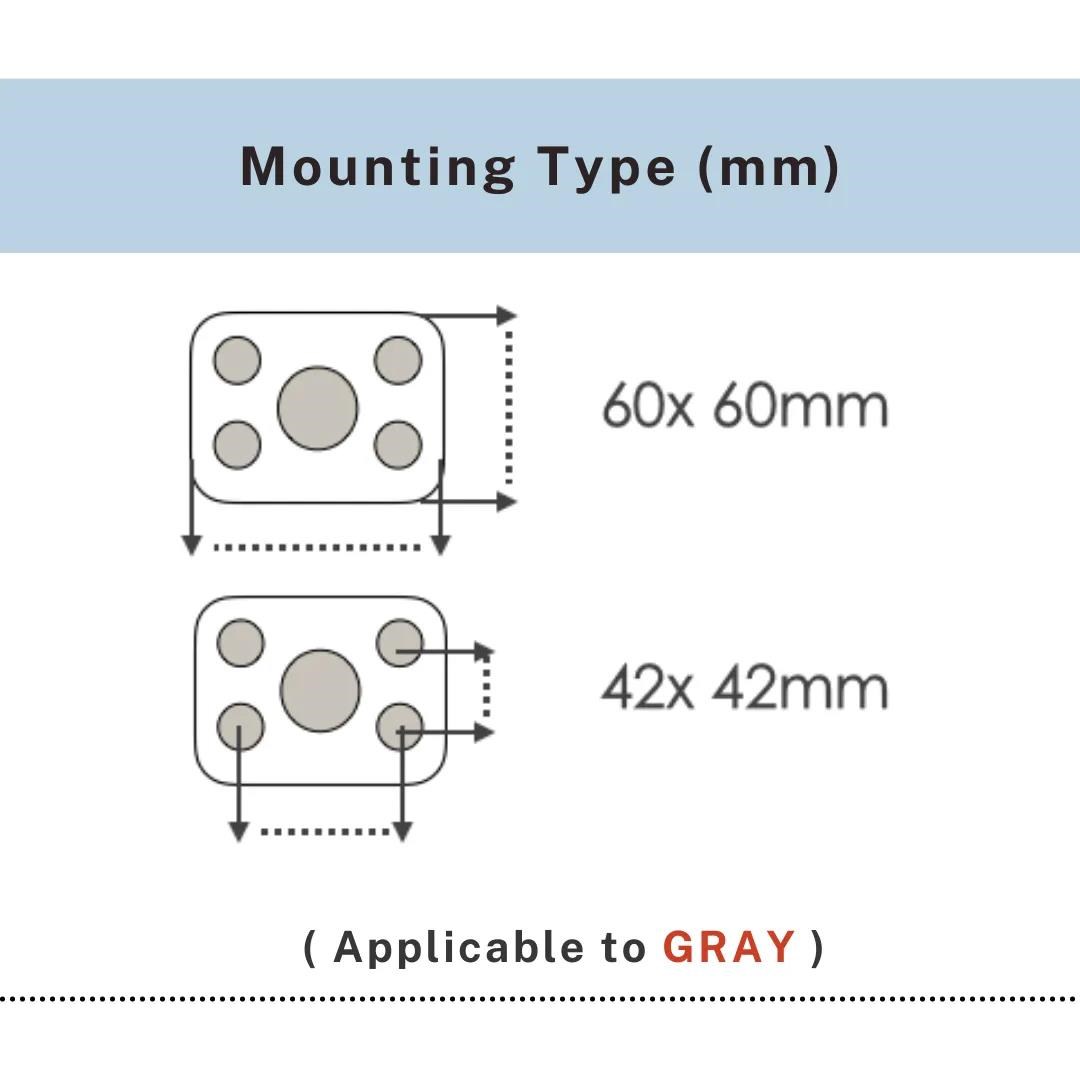 Mounting plate dimensions 60x60mm and 42x42mm for gray PVC twin wheel caster, UP&UP Casters