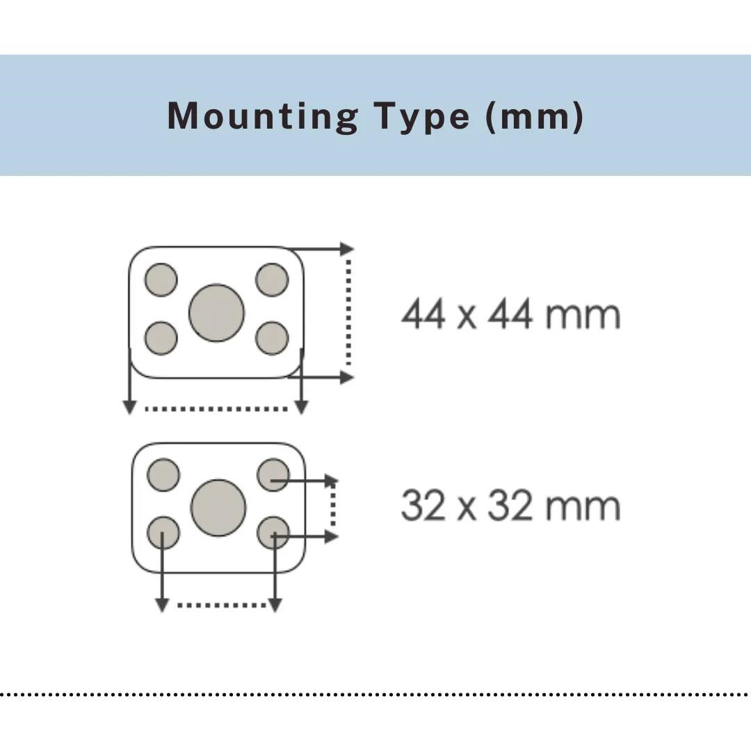 Mounting plate diagram showing 44x44mm and 32x32mm hole spacing, UP&UP Casters