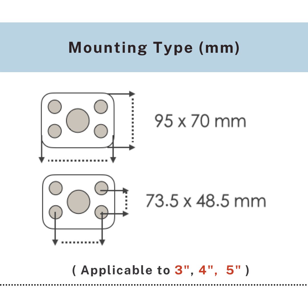 Mounting plate size chart 95x70mm and 73.5x48.5mm for 3"-5" stainless TPR casters, UP&UP Casters