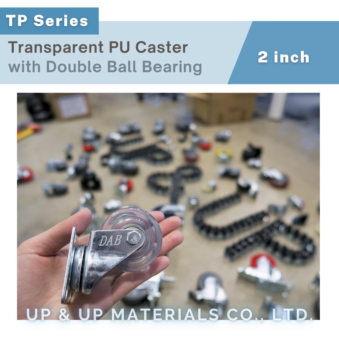 Transparent PU caster close up in hand with multiple caster wheels background, UP&UP Casters