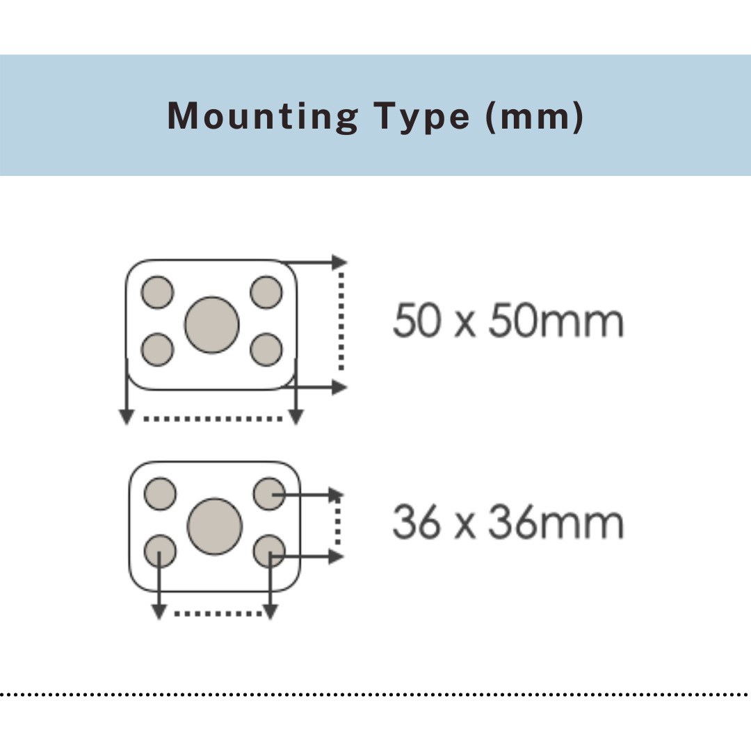Mounting plate sizes 50x50mm and 36x36mm for transparent PU caster, UP&UP Casters