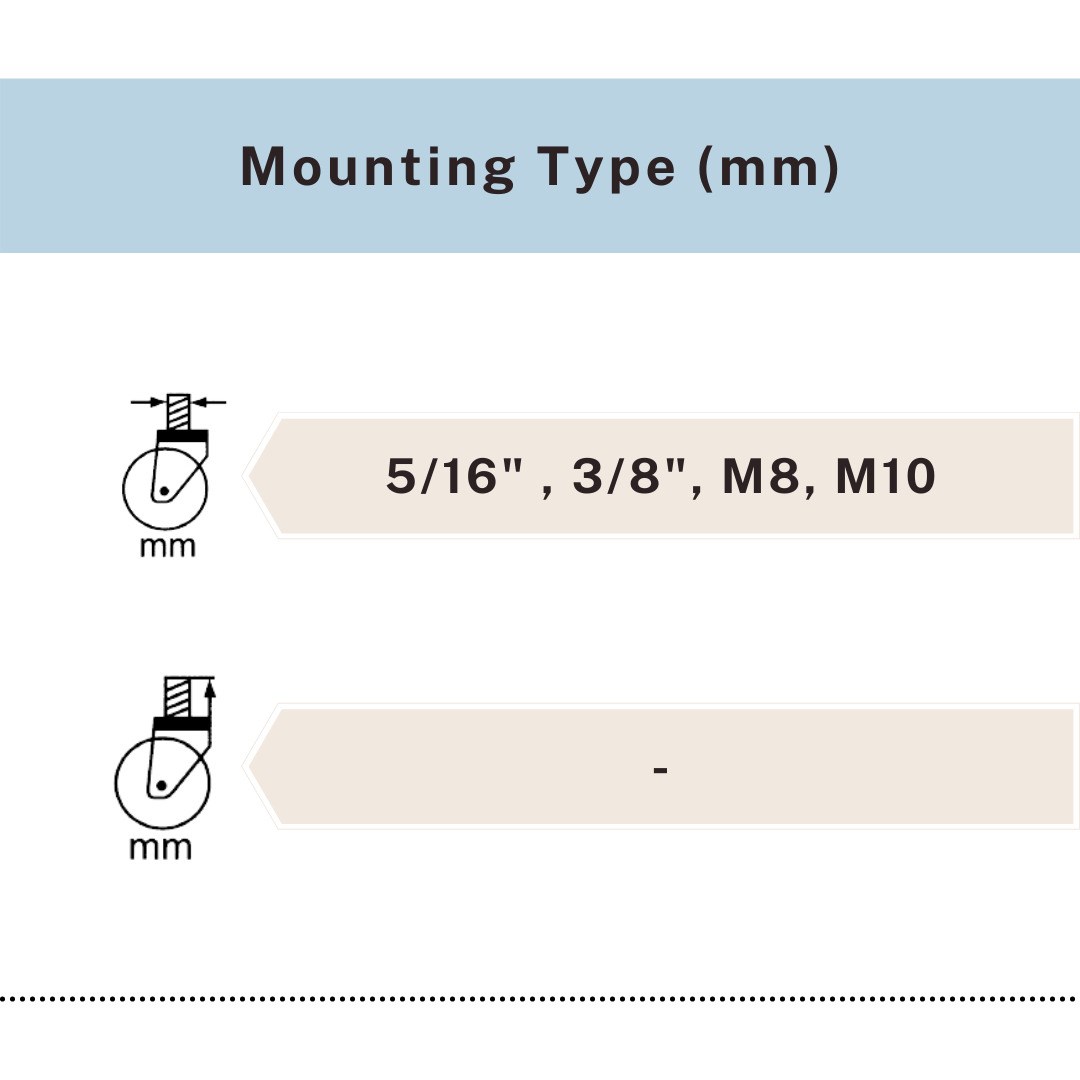 Mounting type options for rubber ball caster with threaded stem sizes 5/16", 3/8", M8, M10, UP&UP Casters