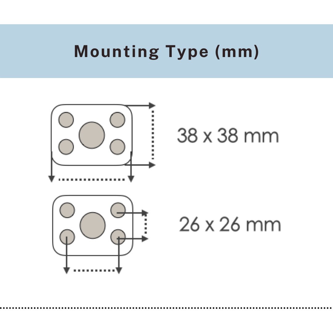 Mounting plate options 38x38mm and 26x26mm for rubber ball casters, UP&UP Casters