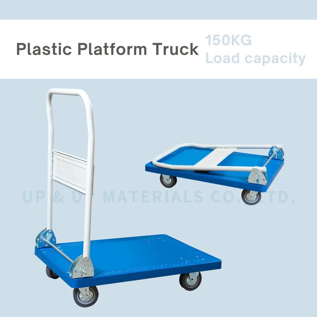 Blue plastic platform truck 150kg with PVC casters, UP&UP Casters”