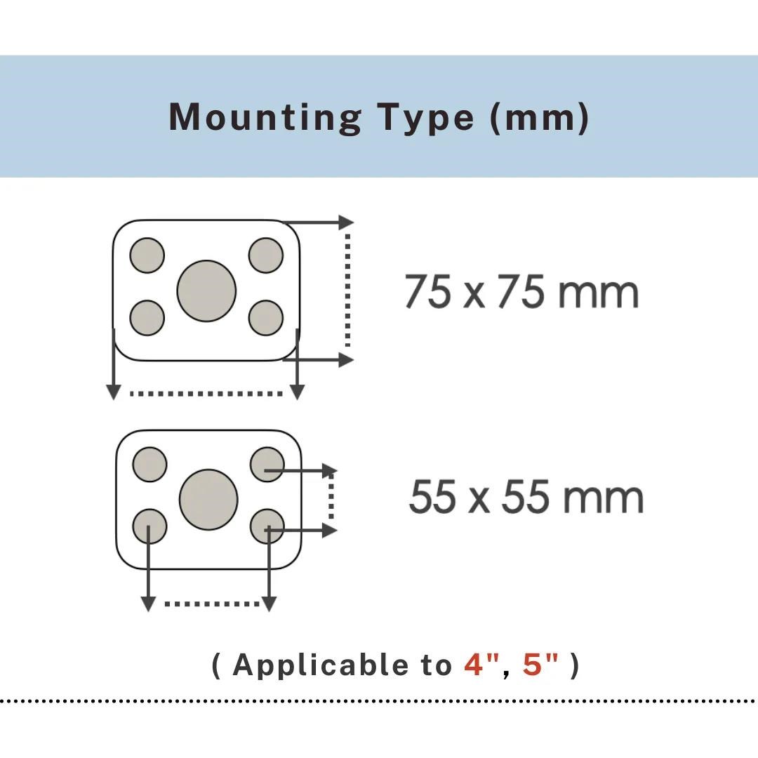 Mounting plate types 75x75mm and 55x55mm for 4 and 5 inch PVC caster, UP&UP Casters