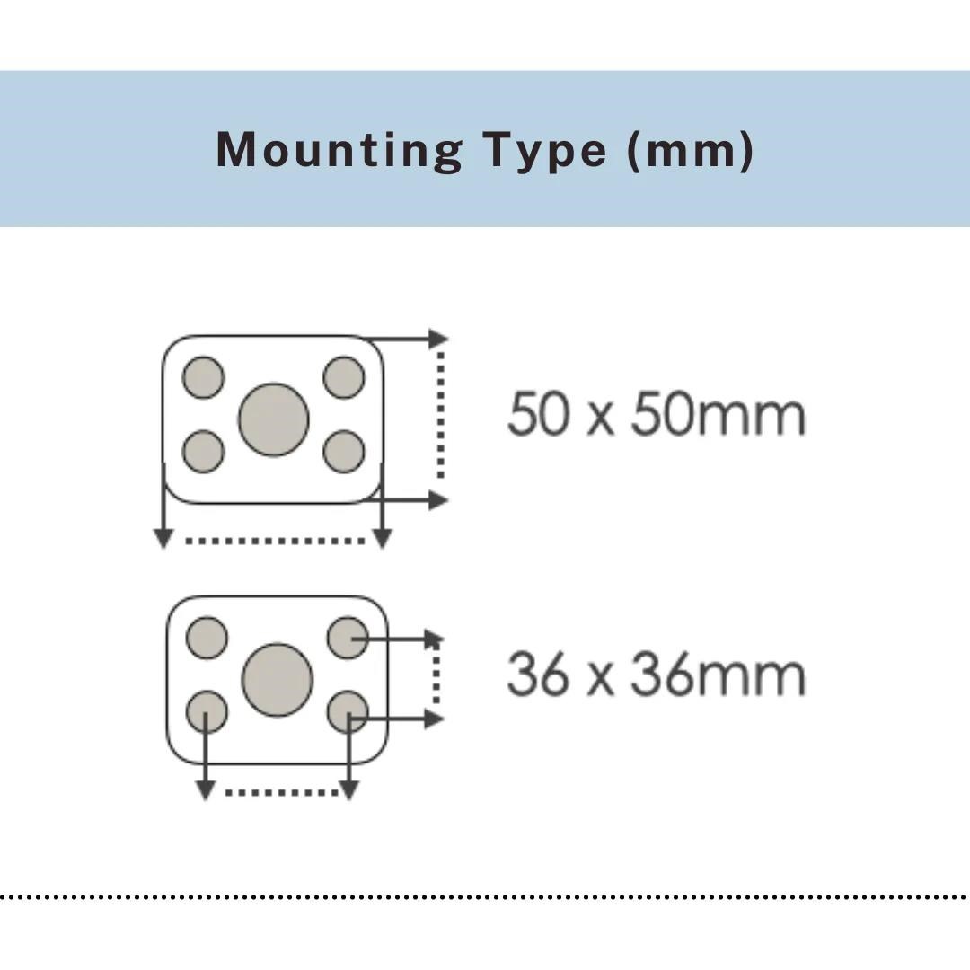 Mounting type options for top plate caster sizes 50x50mm and 36x36mm, UP&UP Casters