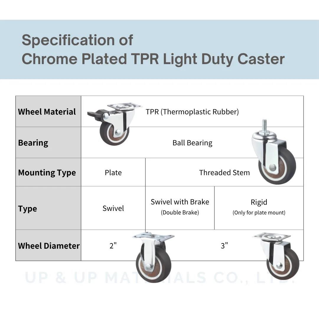 Specification chart chrome plated TPR caster with ball bearings UP&UP Casters