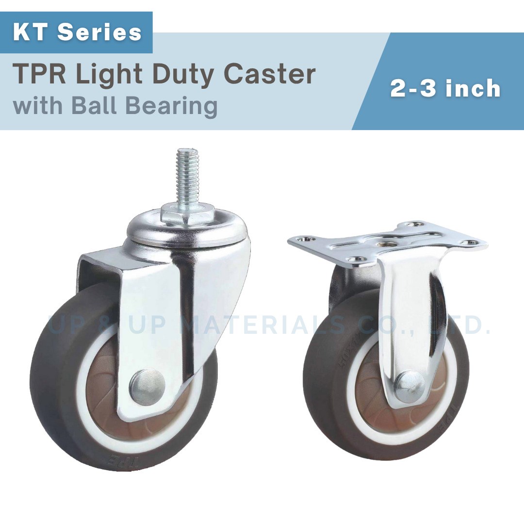 2-3 inch chrome plated TPR light duty caster with ball bearing, threaded stem and plate mount options.