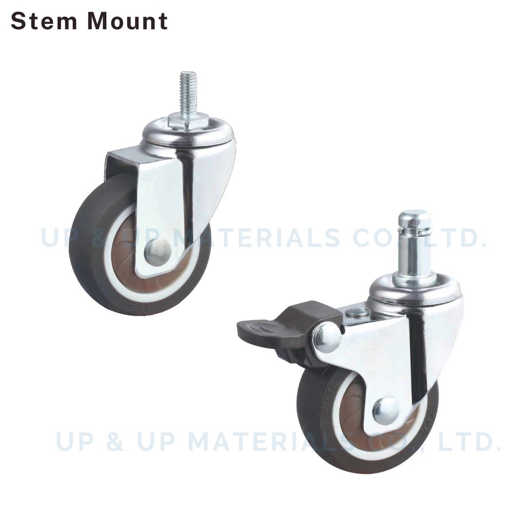 TPR light duty casters with threaded stem mount, available in swivel and swivel with brake designs for equipment use.