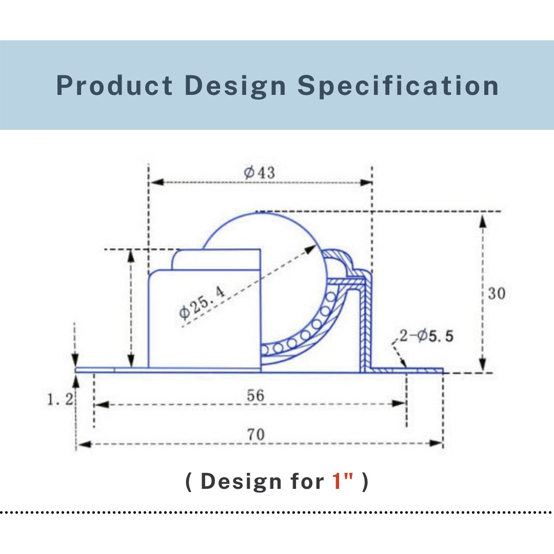 Technical drawing of 1 inch nylon ball transfer unit with stainless housing, UP&UP Casters