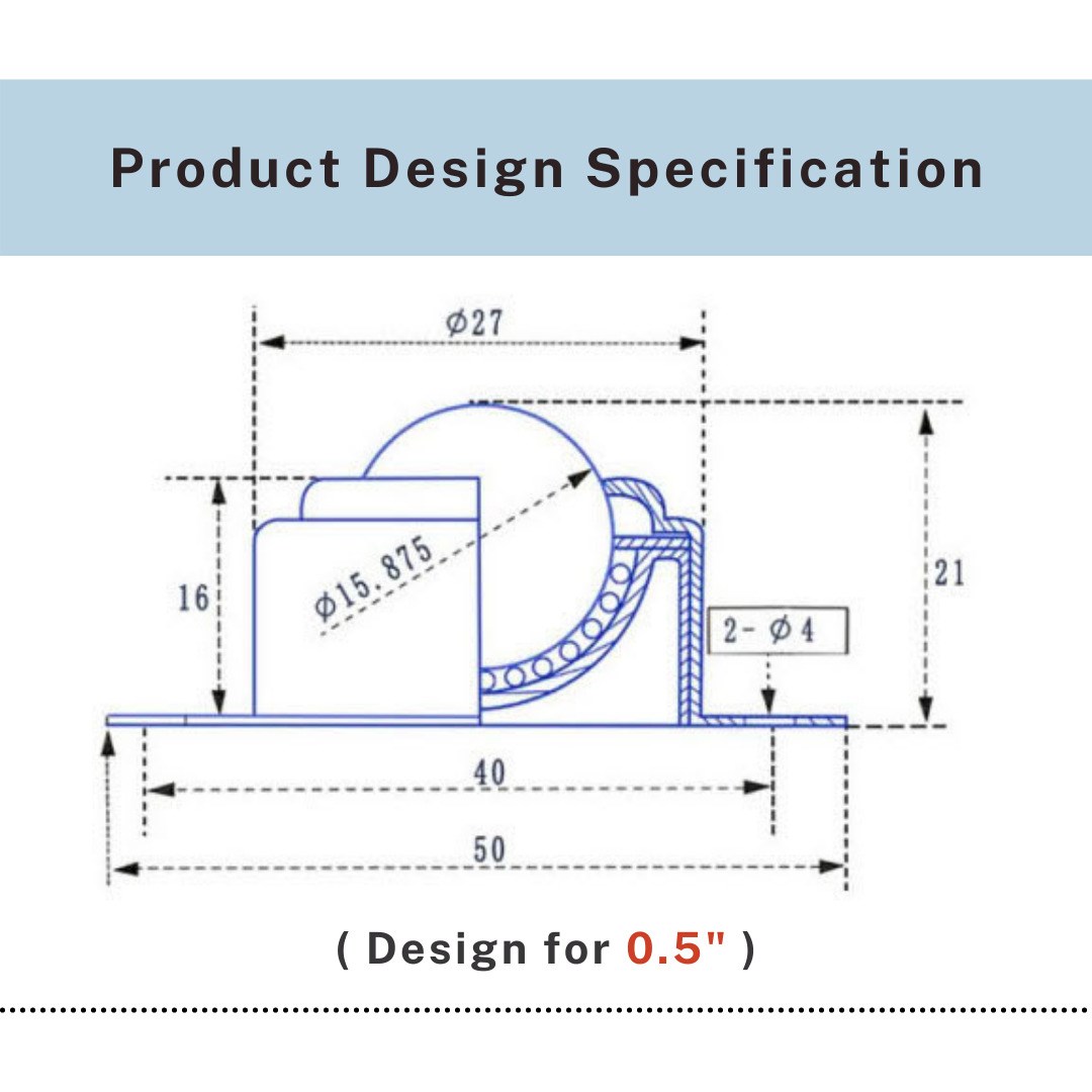 Technical drawing of 0.5 inch nylon ball transfer unit with stainless housing, UP&UP Casters