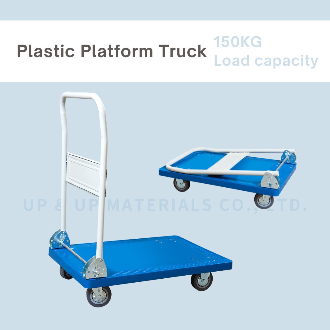 Blue plastic platform truck 150kg capacity with foldable handle, UP&UP Casters