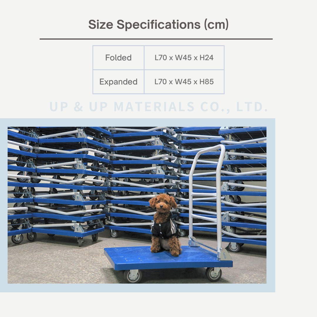 Size chart for plastic platform truck folded and expanded dimensions, UP&UP Casters