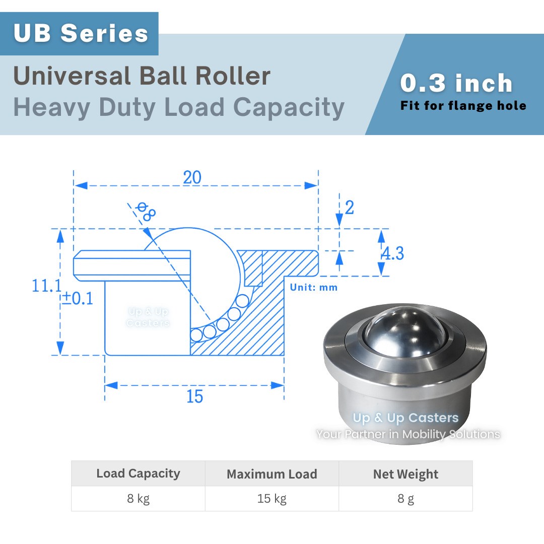 Heavy duty 0.3 inch flange mount ball transfer, load capacity 8–15kg, dimension drawing UP&UP Casters