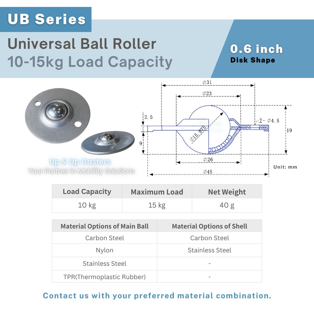 Universal ball transfer unit with 0.6 inch ball, carbon steel body, technical drawing dimensions UP&UP Casters