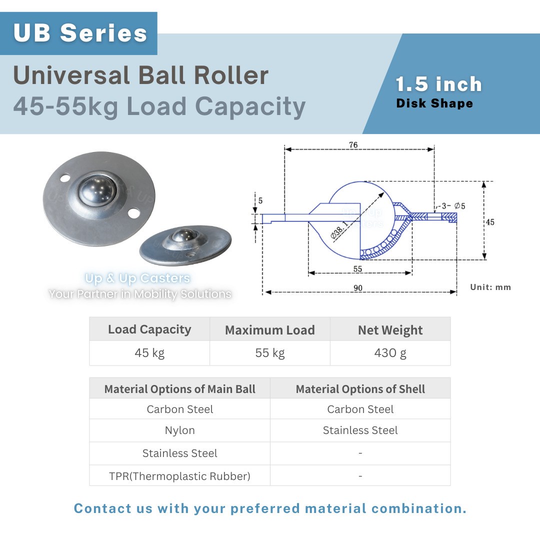 1.5 inch universal ball transfer unit with disk shape, technical drawing dimensions UP&UP Casters