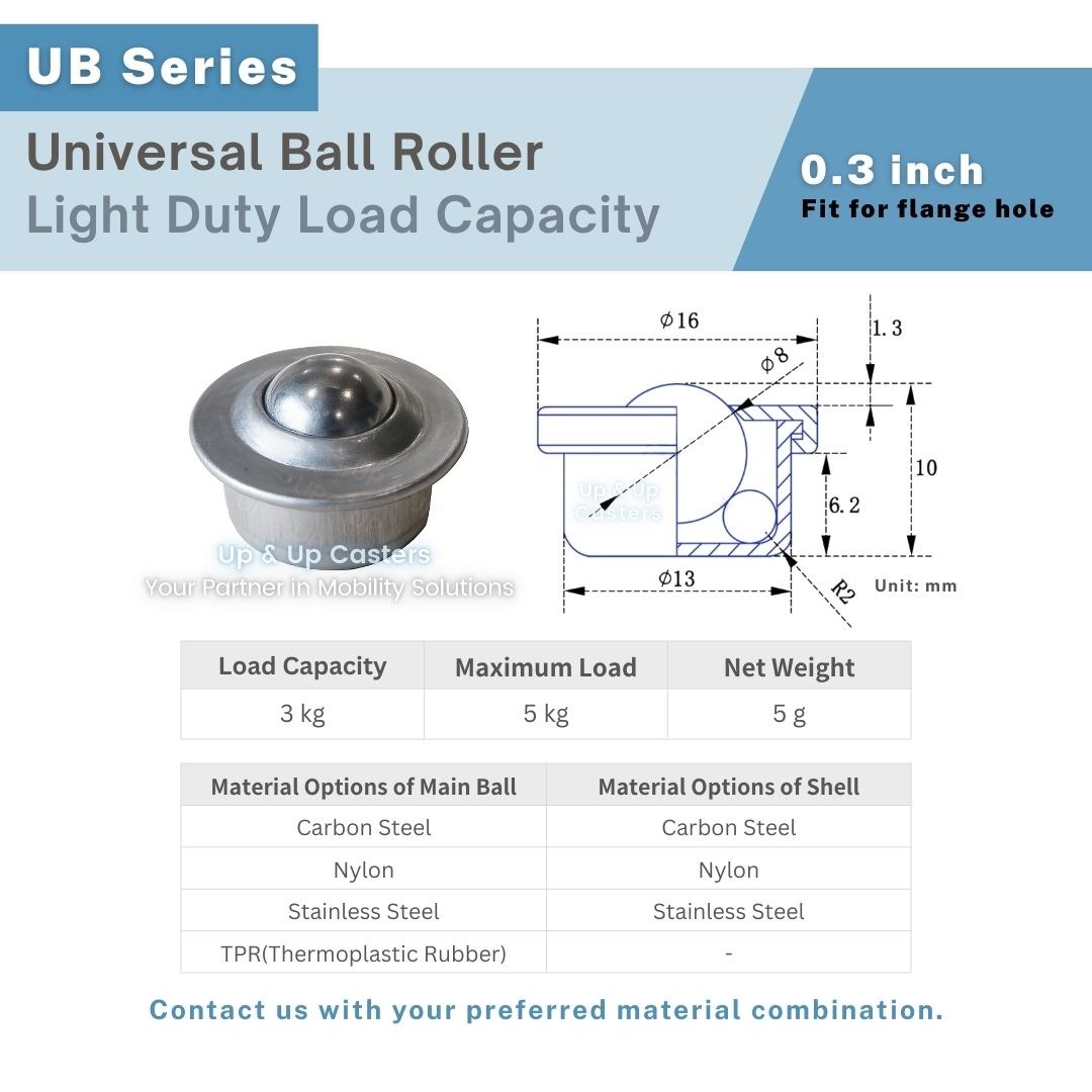Detailed view of a light-duty universal ball roller with dimensions and material options chart, manufactured by UP&UP Casters.