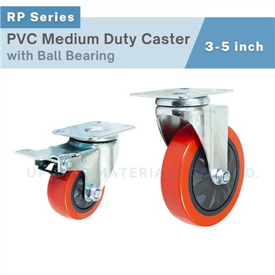 3-5 inch red PVC caster wheels with ball bearing and metal mounting plate for medium duty use, UP&UP Casters