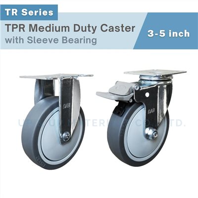 Gray TPR caster wheels with top plate and brake, 3-5 inch, sleeve bearing, UP&UP Casters