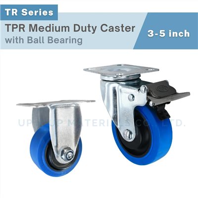 Blue TPR medium duty caster with ball bearing and brake, 3-5 inch, UP&UP Casters