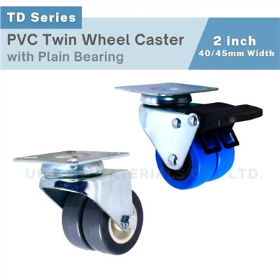 Gray and blue PVC twin wheel casters with swivel plate mount and brake option, UP&UP Casters