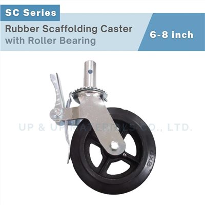 Rubber scaffolding caster with roller bearing and brake, 6-8 inch, UP&UP Casters