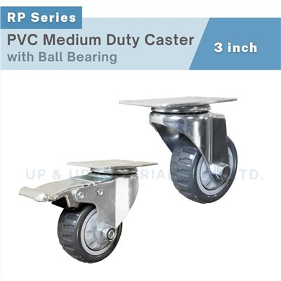 3 inch PVC medium duty caster with ball bearing and plate mount for carts and furniture, UP&UP Casters