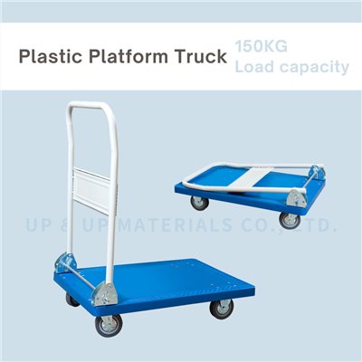 Blue plastic platform truck 150kg capacity with foldable handle, UP&UP Casters